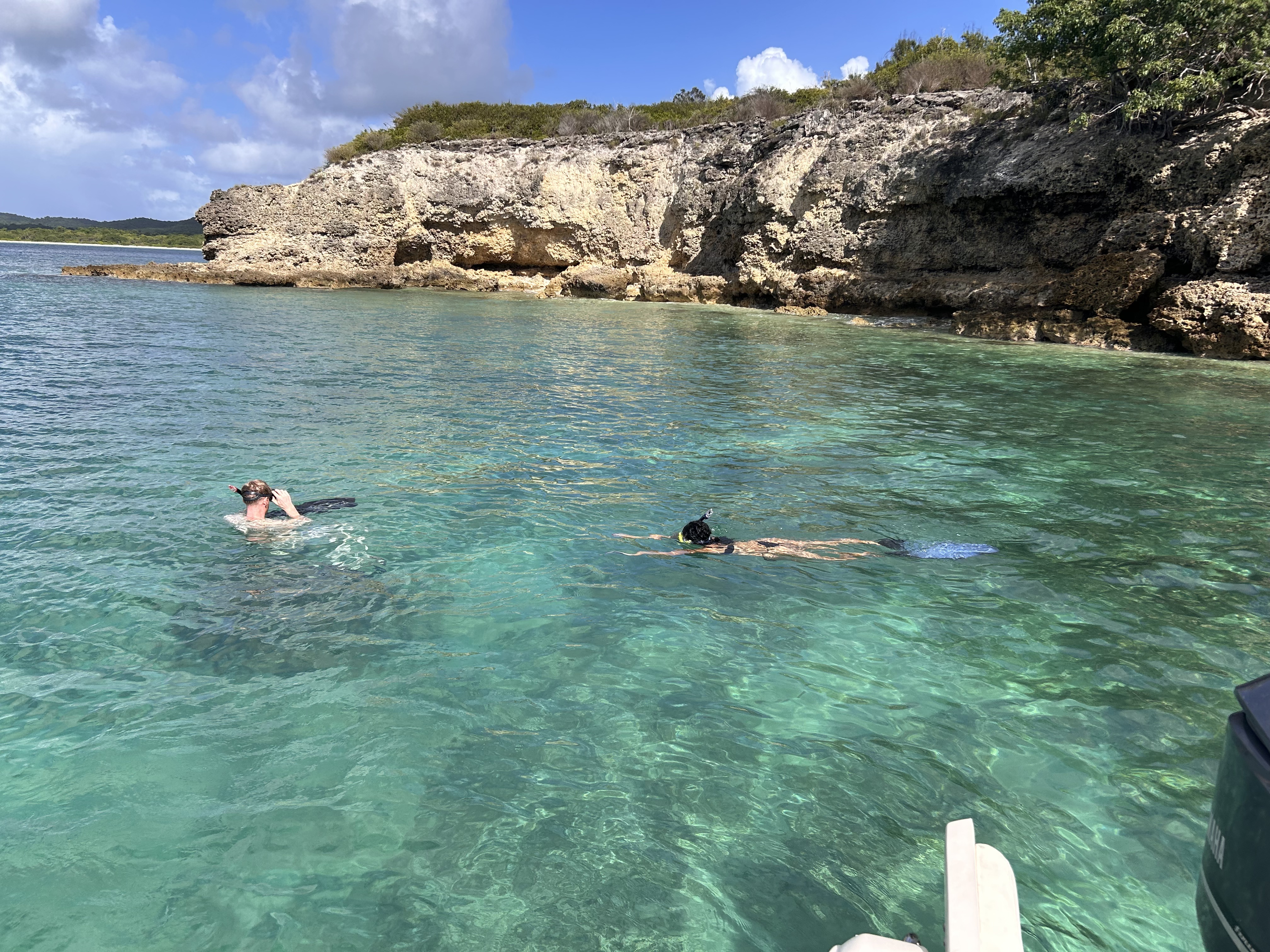 man and woman swimming near a cliff on a vieques snorkeling tour
